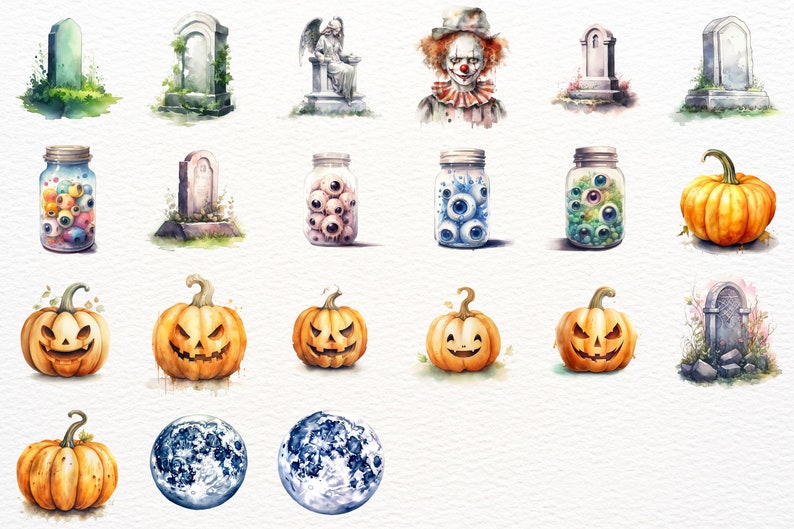Puede incluir: Una colecci&oacute;n de ilustraciones de acuarela con tem&aacute;tica de Halloween que incluyen calabazas, l&aacute;pidas, frascos de ojos y un payaso espeluznante.