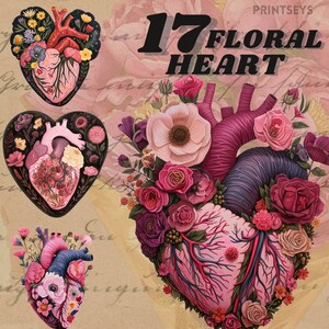Corazón de flor rosa en paquete de imágenes prediseñadas de lámina de oro, pegatinas digitales, lectura png, diario, imágenes prediseñadas vintage de San Valentín, descarga instantánea,