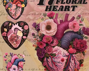 May include: A digital illustration of a pink anatomical heart with floral details. The heart is surrounded by pink, red, and purple flowers. The text "17 FLORAL HEART" is in the upper right corner of the image.