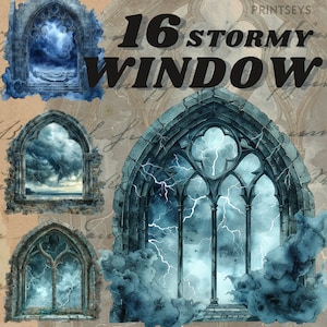 Puede incluir: Una ilustración digital de una ventana gótica con un cielo tormentoso y rayos. La ventana está hecha de piedra y tiene un arco apuntado. El cielo es azul oscuro con nubes blancas y rayos. El texto "16 STORMY WINDOW" está en la parte superior de la imagen.