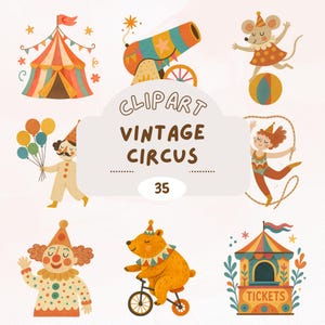 Vintage circus clipart-bundel, Boho vet gekleurde png, AI clipart set, afbeeldingen kindercircus thema, journaling, instant download, schattig