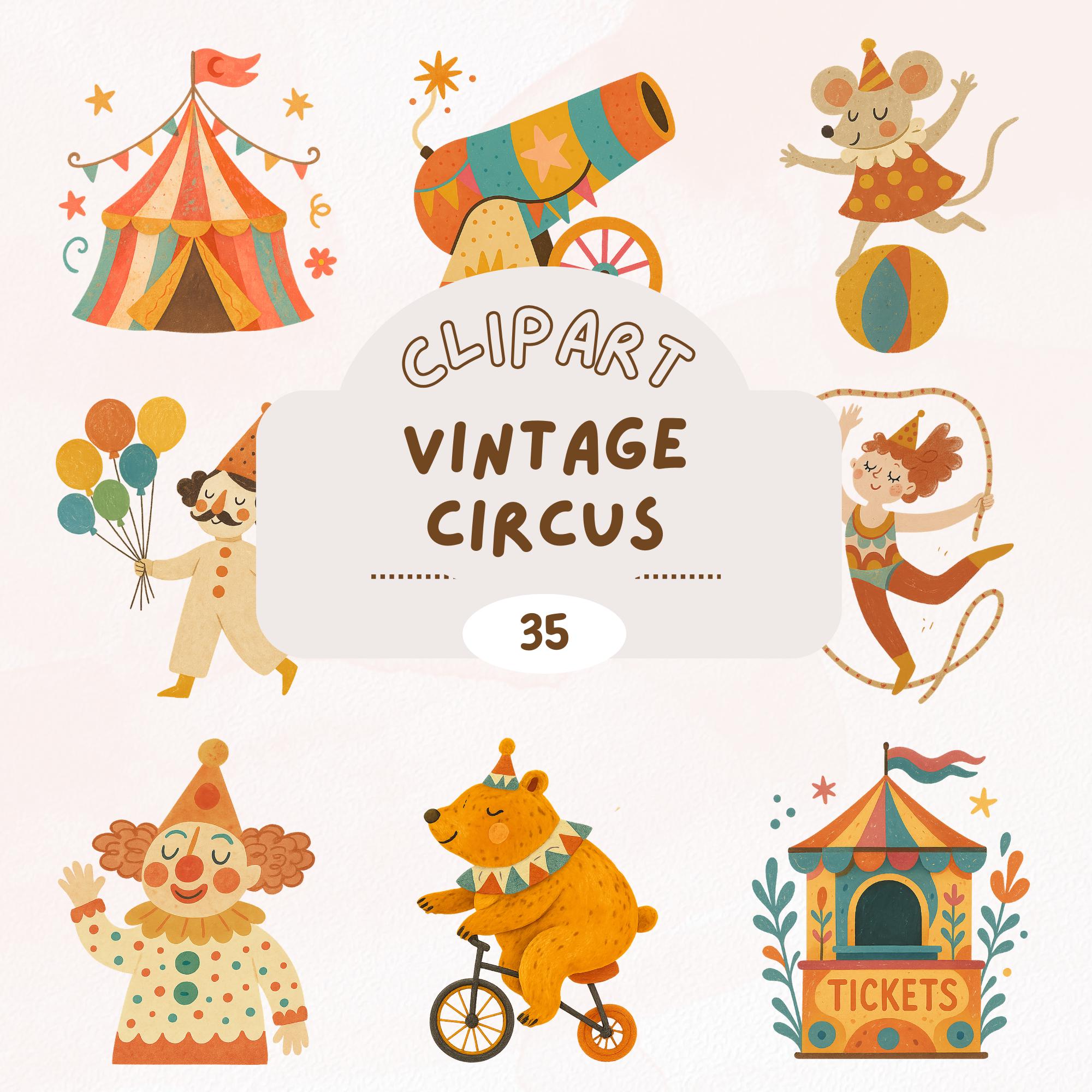 Vintage Circus Clipart Bundle, Boho bold coloured png, AI clipart set, Children Circus themed graphics, journaling, instant download, cute