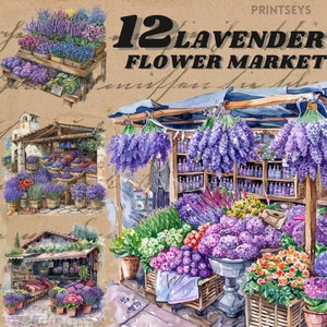 Paquete de imágenes prediseñadas del mercado de agricultores de flores de lavanda de acuarela, imágenes prediseñadas de tienda de flores, imágenes prediseñadas florales, imágenes prediseñadas de tienda, scrapbooking, pegatina digital