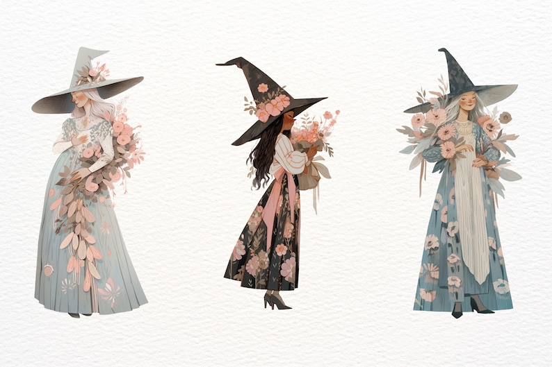 May include: Three women dressed as witches, each wearing a pointed hat and a long dress with floral patterns. They are holding bouquets of flowers in shades of pink and white.