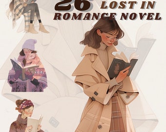 Op de afbeelding: Drie illustraties van vrouwen die boeken lezen. De bovenste illustratie toont een vrouw in een bruine jas en sjaal die een boek met een bruine kaft leest. De middelste illustratie toont een vrouw in een paarse jas en hoed die een boek met een bloemmotief leest. De onderste illustratie toont een vrouw in een paarse trui en hoofdband die een boek met een witte kaft leest. De tekst "26 LOST IN ROMANCE NOVEL" staat bovenaan de afbeelding.