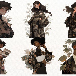 May include: Digital illustrations of six individuals, each adorned in clothing featuring floral patterns. The artwork showcases a variety of styles, with some figures wearing glasses and holding books. The color palette includes shades of brown, green, and beige.