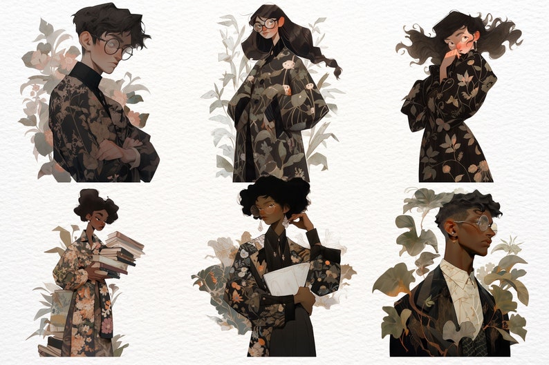 May include: Digital illustrations of six individuals, each adorned in clothing featuring floral patterns. The artwork showcases a variety of styles, with some figures wearing glasses and holding books. The color palette includes shades of brown, green, and beige.
