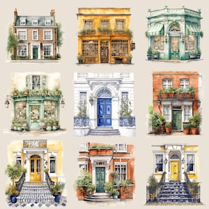 Watercolour Vintage Georgian London houses clipart bundle, retro building png,bookstore png, bakery , transparent, digital sticker image 3