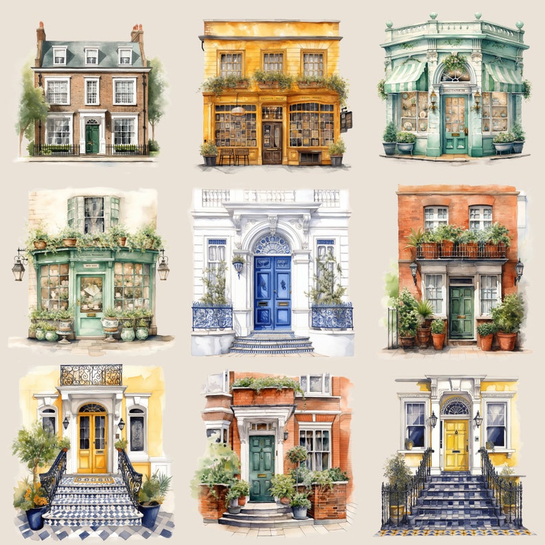 Watercolour Vintage Georgian London houses clipart bundle, retro building png,bookstore png, bakery , transparent, digital sticker image 3