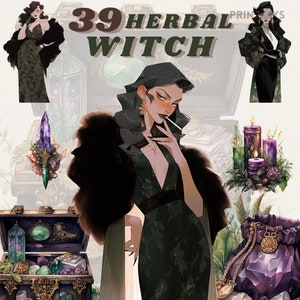 Dark Herbology Witch clipart bundle, dark academia aesthetic png, wiccan clipart, occult, halloween, femme fatale,  powerfull female
