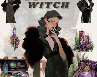 Dark Herbology Witch clipart bunt, Dark Academia estetik png, Wicca clipart, ockult, Halloween, femme fatale, kraftfull kvinna