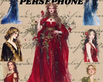 Watercolour Ancient Greek Goddess Persephone Clipart Bundle, Mythology clipart, Goddess clipart, ancient magic, occult, digital stickers