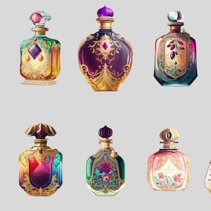 Puede incluir: Una colecci&oacute;n de diez frascos de perfume ornamentados con colores de joyas y detalles dorados intrincados. Cada frasco presenta un dise&ntilde;o &uacute;nico, incluyendo patrones florales, formas geom&eacute;tricas y tapones decorativos. Los frascos est&aacute;n dispuestos sobre un fondo gris claro.