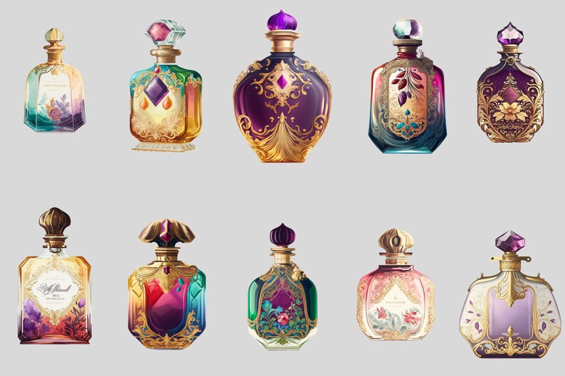 Puede incluir: Una colecci&oacute;n de diez frascos de perfume ornamentados con colores de joyas y detalles dorados intrincados. Cada frasco presenta un dise&ntilde;o &uacute;nico, incluyendo patrones florales, formas geom&eacute;tricas y tapones decorativos. Los frascos est&aacute;n dispuestos sobre un fondo gris claro.