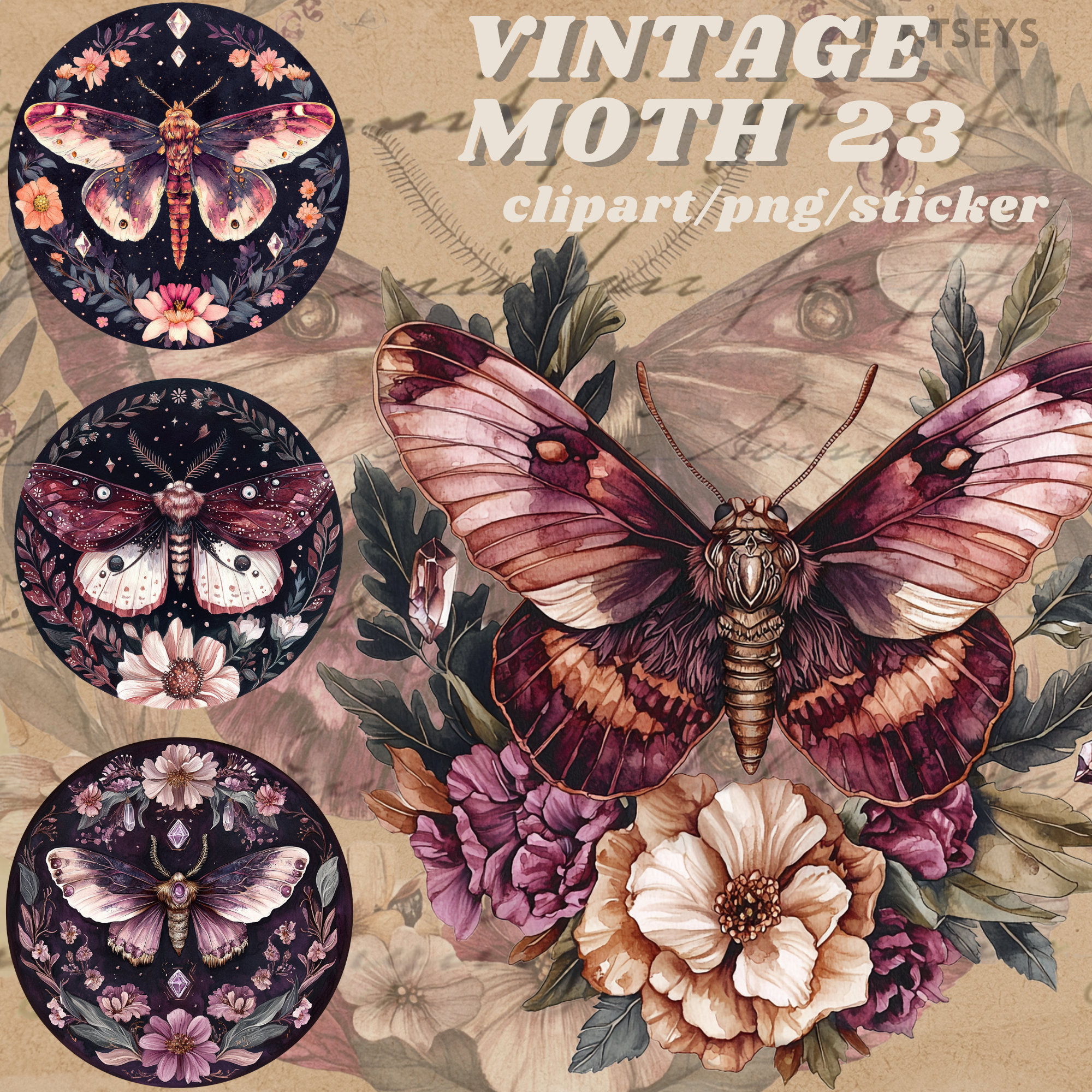 Watercolour Vintage Soft Moth Clipart Bundle, Wiccan Png, Moth Png ...