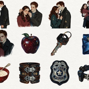 May include: A collection of twelve digital illustrations featuring a couple in various poses, a shiny red apple, a metal key, a blue fabric wrap with a rose, a bowl of cereal with a spoon, a dark leather cuff, a Forks Police badge, and a black belt.