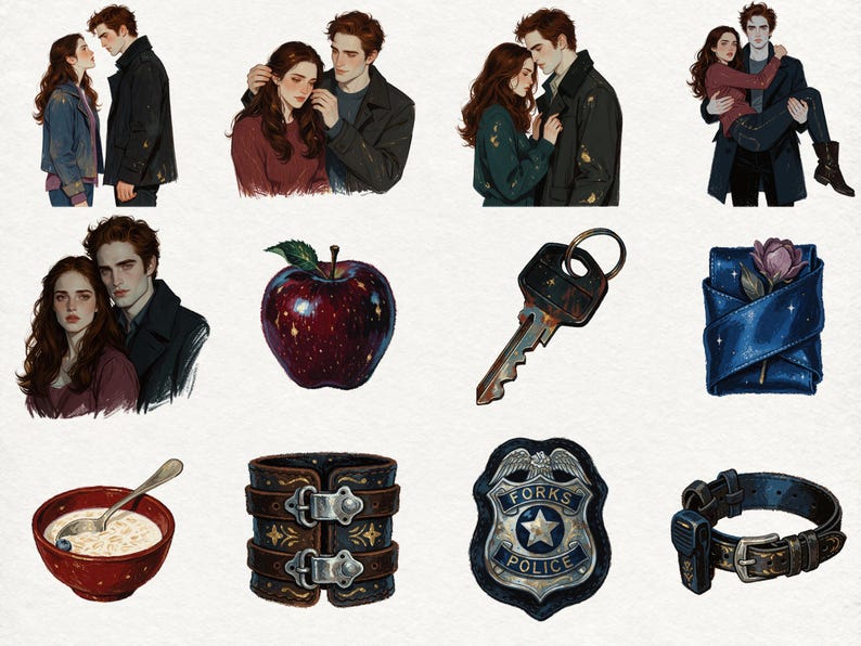 May include: A collection of twelve digital illustrations featuring a couple in various poses, a shiny red apple, a metal key, a blue fabric wrap with a rose, a bowl of cereal with a spoon, a dark leather cuff, a Forks Police badge, and a black belt.