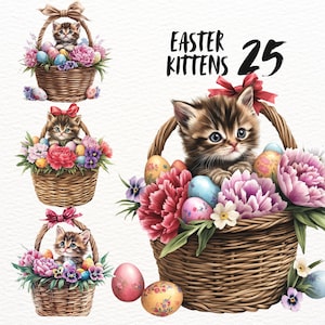 Ensemble de cliparts aquarelle chaton de Pâques, panier de fleurs, ensemble d'autocollants d'oeufs de Pâques, stickers goodnote png transparents pour journalisation de scrapbooking