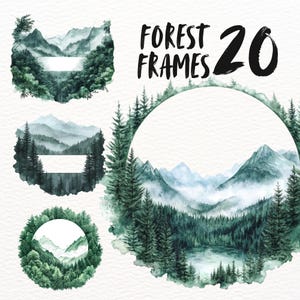Hillside Forest frame clipart set, berg label png-stickers, vintage label digitale download, boslijst goodnotes, natuur papier ambacht