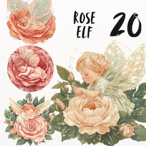 Zestaw clipartów Fantasy Rose Baby Elf, naklejki PNG Forest Sleeping Baby, zestaw do pobrania cyfrowego fantasy nature, grafika estetyczna floral magic