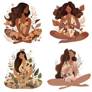 May include: Four illustrations of women in various yoga poses, each surrounded by floral elements. The women have long brown hair and are wearing floral patterned dresses. The illustrations are done in a soft, watercolour style.