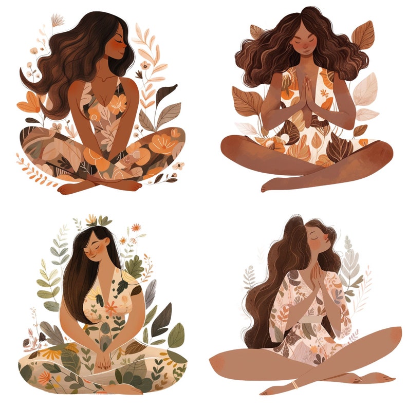May include: Four illustrations of women in various yoga poses, each surrounded by floral elements. The women have long brown hair and are wearing floral patterned dresses. The illustrations are done in a soft, watercolour style.