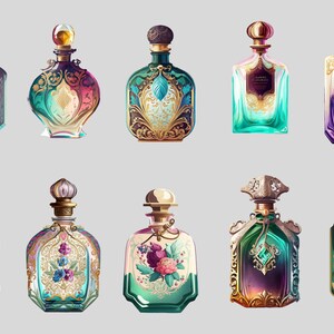 Puede incluir: Colecci&oacute;n de frascos de perfume ornamentados en varias formas y colores, incluyendo verde azulado, p&uacute;rpura y dorado. Cada frasco presenta dise&ntilde;os intrincados y tapones decorativos, mostrando una est&eacute;tica vintage o antigua.