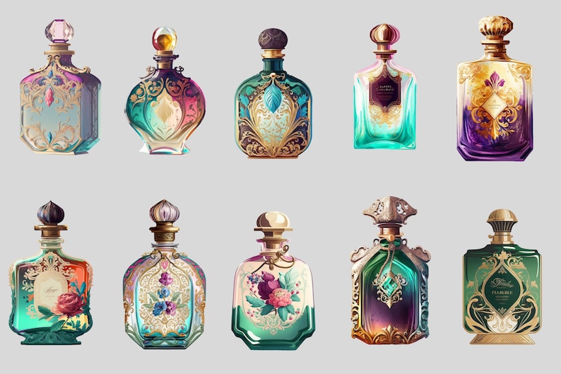 Puede incluir: Colecci&oacute;n de frascos de perfume ornamentados en varias formas y colores, incluyendo verde azulado, p&uacute;rpura y dorado. Cada frasco presenta dise&ntilde;os intrincados y tapones decorativos, mostrando una est&eacute;tica vintage o antigua.