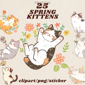 Frühling Kätzchen Digitale Aufkleber, 2D flache florale Katzen Clipart, Goodnotes Aufkleber, niedlicher Frühling PNG, Katzen Digitales Journaling Set, transparent