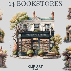 Bookstore Clipart Bundle, book shop , watercolour shop illustration, cute bookstore, cozy ,trend png, commercial use, scrapbooking