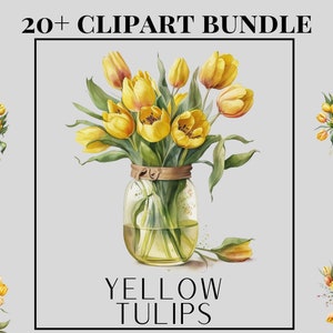 Yellow Tulips Clipart Bundle, Tulipes dans un vase png, Spring flower clipart, tulips bouquet clipart, scrapbooking, bouquet floral clipart