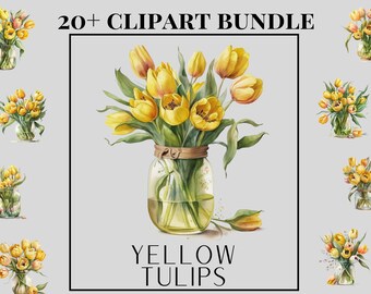 Yellow Tulips Clipart Bundle, Tulips in a vase png, Spring flower clipart, tulips bouquet clipart, scrapbooking, flower bouquet clipart