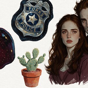 May include: A digital illustration featuring a dark red apple with gold speckles, a silver Forks Police badge, a green cactus in a terracotta pot, and a portrait of a young woman with long brown hair standing beside a man with dark hair.