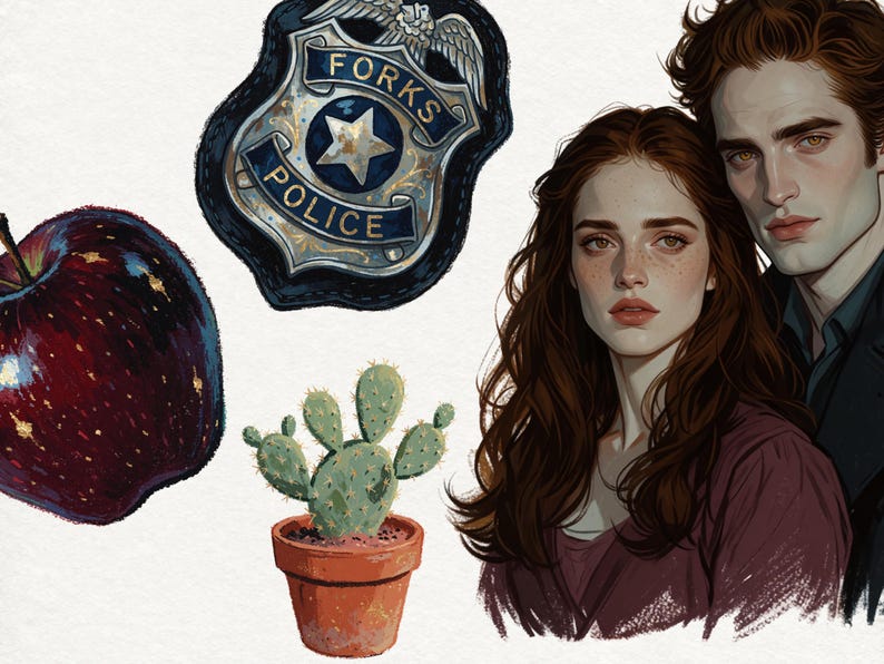May include: A digital illustration featuring a dark red apple with gold speckles, a silver Forks Police badge, a green cactus in a terracotta pot, and a portrait of a young woman with long brown hair standing beside a man with dark hair.
