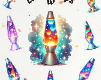 Watercolour Vintage lava Lamp digital sticker bundle, retro lamp clipart, 90s png, neon lava lamp, transparent, scrapbooking download
