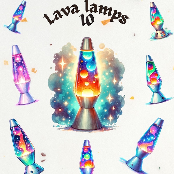 Watercolour Vintage lava Lamp digital sticker bundle, retro lamp clipart, 90s png, neon lava lamp, transparent, scrapbooking download