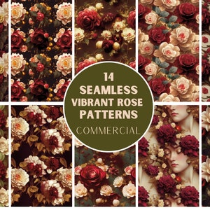 Peut inclure: Un collage de 14 motifs sans couture représentant des roses rouges et crème vibrantes. Les motifs sont parfaits pour les tissus, les papiers peints et autres projets créatifs.  14 MOTIFS DE ROSES VIBRANTS SANS COUTURE  COMMERCIAL