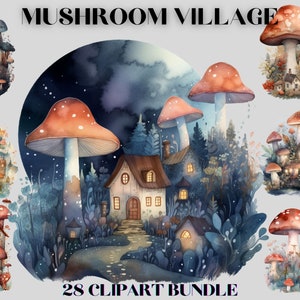 Watercolour Magic Mystical Mushroom Village clipart Bundle , Occult mushrooms,  cottigecore,  clipart,trippy, occult