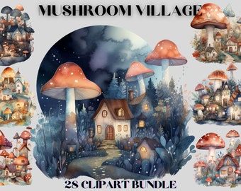 Watercolour Magic Mystical Mushroom Village clipart Bundle , Occult mushrooms,  cottigecore,  clipart,trippy, occult