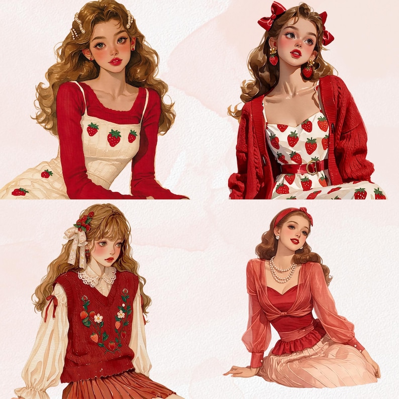 May include: Four illustrations of women in red and white outfits with strawberry patterns. The outfits include dresses, sweaters, and blouses. The women have long, wavy hair and are adorned with accessories like bows, earrings, and headbands. The overall theme is a vintage, romantic aesthetic.
