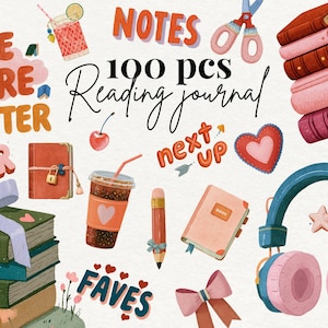 May include: A collection of 100 stickers featuring reading-themed illustrations including stacks of books, headphones, a pencil, a drink, scissors, and text elements like ONE MORE CHAPTER, TBR, NOTES, next up, and FAVES in various colors.