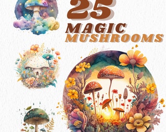 Watercolour Magic Mystical Mushrooms clipart Bundle , Occult mushrooms, stars, planets, dreamu clipart,trippy, occult