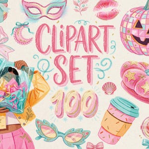 May include: A digital illustration set featuring the text CLIPART SET 100 surrounded by pink and teal icons including a disco pumpkin, a star-patterned pumpkin, a coffee cup, a lollipop, a masquerade mask, a bow, and a person holding a gift bag.