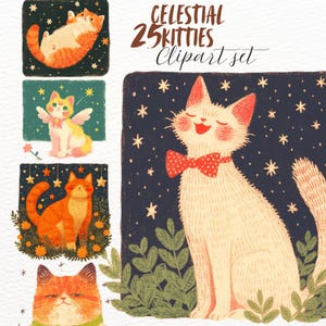 Vintage himmlische Kätzchen Clipart Set, Goodnotes Bücherwurm Sticker Bundle, Katzen Papier Handwerk, süße Katzen transparente Landkarten, Cottagecore Tiere