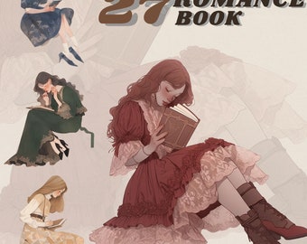 Puede incluir: Ilustración de tres mujeres leyendo libros. Las mujeres llevan vestidos y están sentadas en varias poses. La imagen está sobre un fondo de libros y el texto "27 Romance Book".
