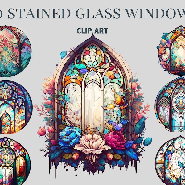 Best Stained Glass Windows Clipart bundle , Vivid colours, Stained glass Png, vintage windows clipart, colourful glass windows clipart