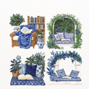 Puede incluir: Cuatro ilustraciones de acogedores rincones de lectura con patrones florales azules y blancos. Cada rinc&oacute;n cuenta con un libro, una silla o un banco y un jarr&oacute;n con flores. El primer rinc&oacute;n es una silla de mimbre con una manta azul y blanca. El segundo rinc&oacute;n es un banco blanco con un coj&iacute;n floral azul y blanco. El tercer rinc&oacute;n es un banco con estampado azul y blanco con un coj&iacute;n azul. El cuarto rinc&oacute;n es un banco blanco con un coj&iacute;n floral azul y blanco.