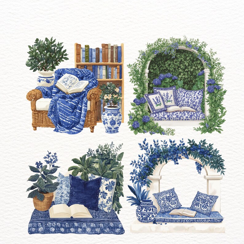Puede incluir: Cuatro ilustraciones de acogedores rincones de lectura con patrones florales azules y blancos. Cada rinc&oacute;n cuenta con un libro, una silla o un banco y un jarr&oacute;n con flores. El primer rinc&oacute;n es una silla de mimbre con una manta azul y blanca. El segundo rinc&oacute;n es un banco blanco con un coj&iacute;n floral azul y blanco. El tercer rinc&oacute;n es un banco con estampado azul y blanco con un coj&iacute;n azul. El cuarto rinc&oacute;n es un banco blanco con un coj&iacute;n floral azul y blanco.