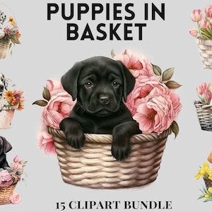Schattige aquarel baby-puppy's in mand clipart bundel, lentebloemen, honden, lente-esthetiek
