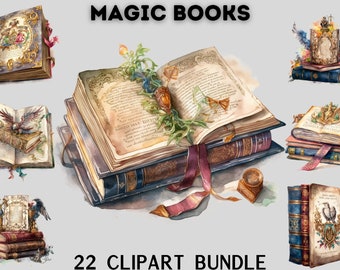 Watercolour Magic Books clipart bundle, mystical clipart, wizard books, wizard university library, magical books